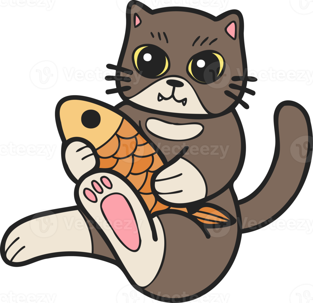 Hand Drawn Cat Eating Fish Illustration In Doodle Style 17303285 PNG hand-drawn-cat-eating-fish-illustration-in-doodle-style-17303285-png
