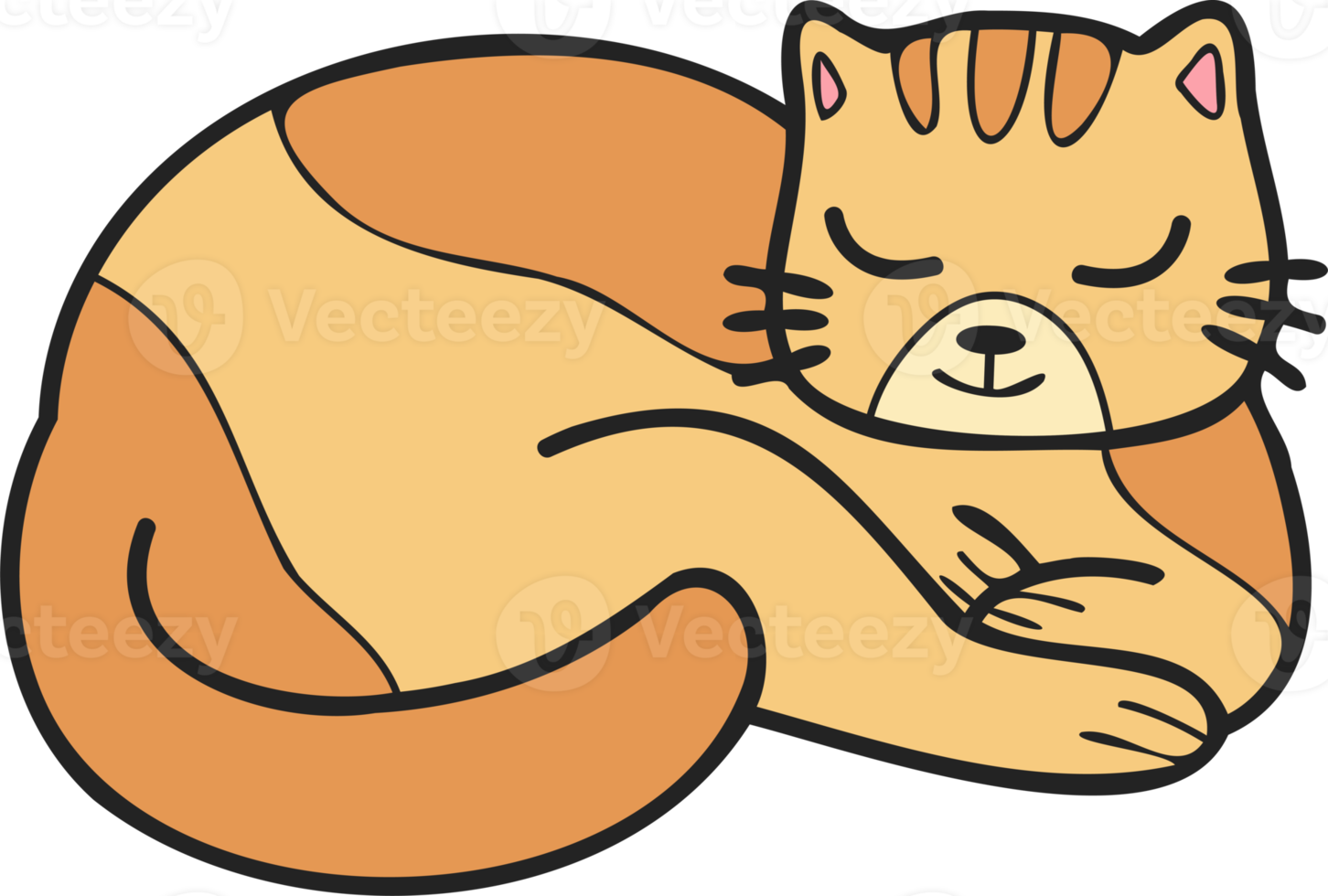 illustration de chat rayé endormi dessiné à la main dans un style doodle png