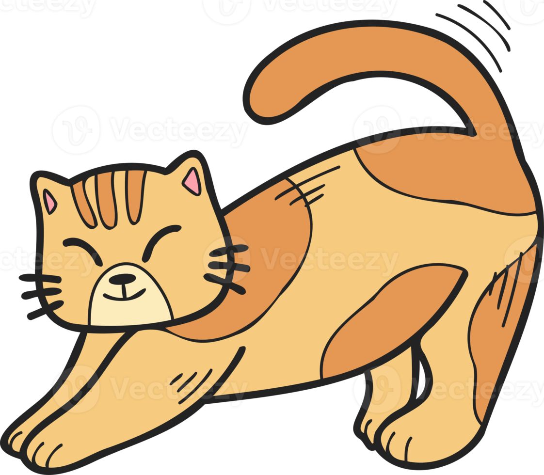 Hand Drawn striped cat stretching illustration in doodle style png