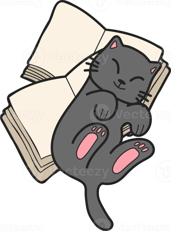 Hand Drawn cat lying on stack of books illustration in doodle style png