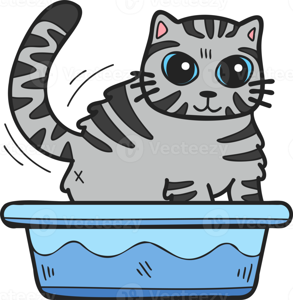 Hand Drawn striped cat with tray illustration in doodle style png