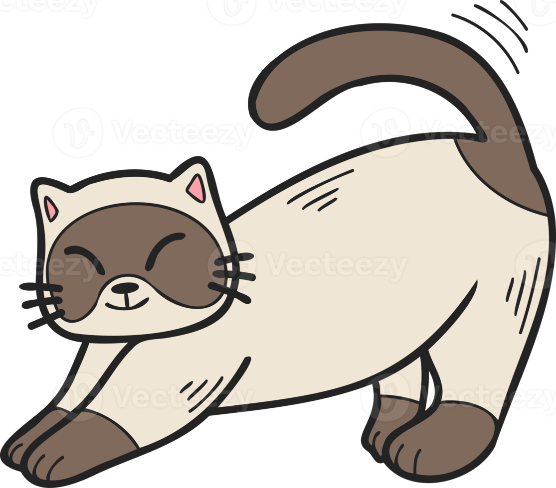 Hand Drawn cat stretching illustration in doodle style png