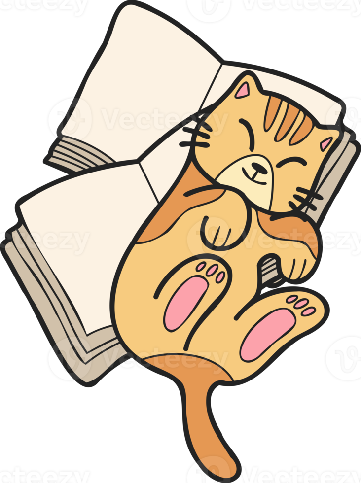 Hand Drawn striped cat lying on stack of books illustration in doodle style png