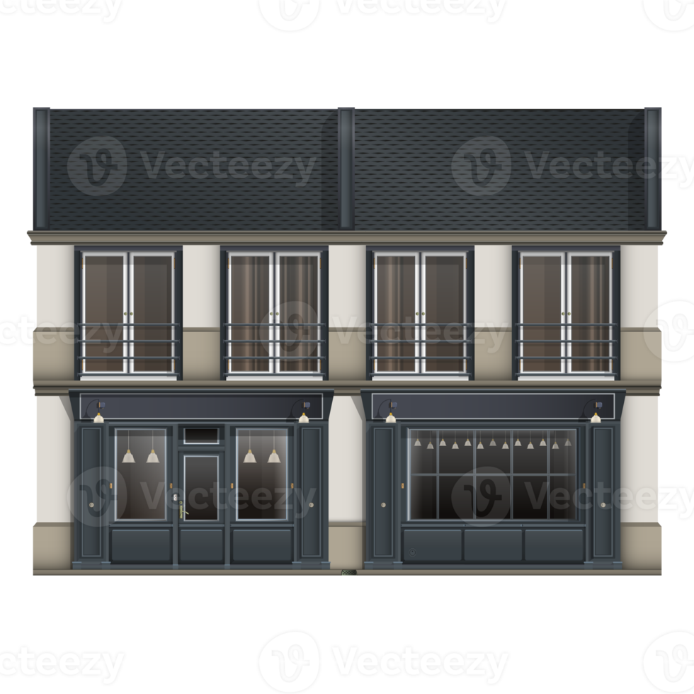 Coffeeshop facade front view in realistic style. French old Building. European architecture. Colorful PNG illustration.