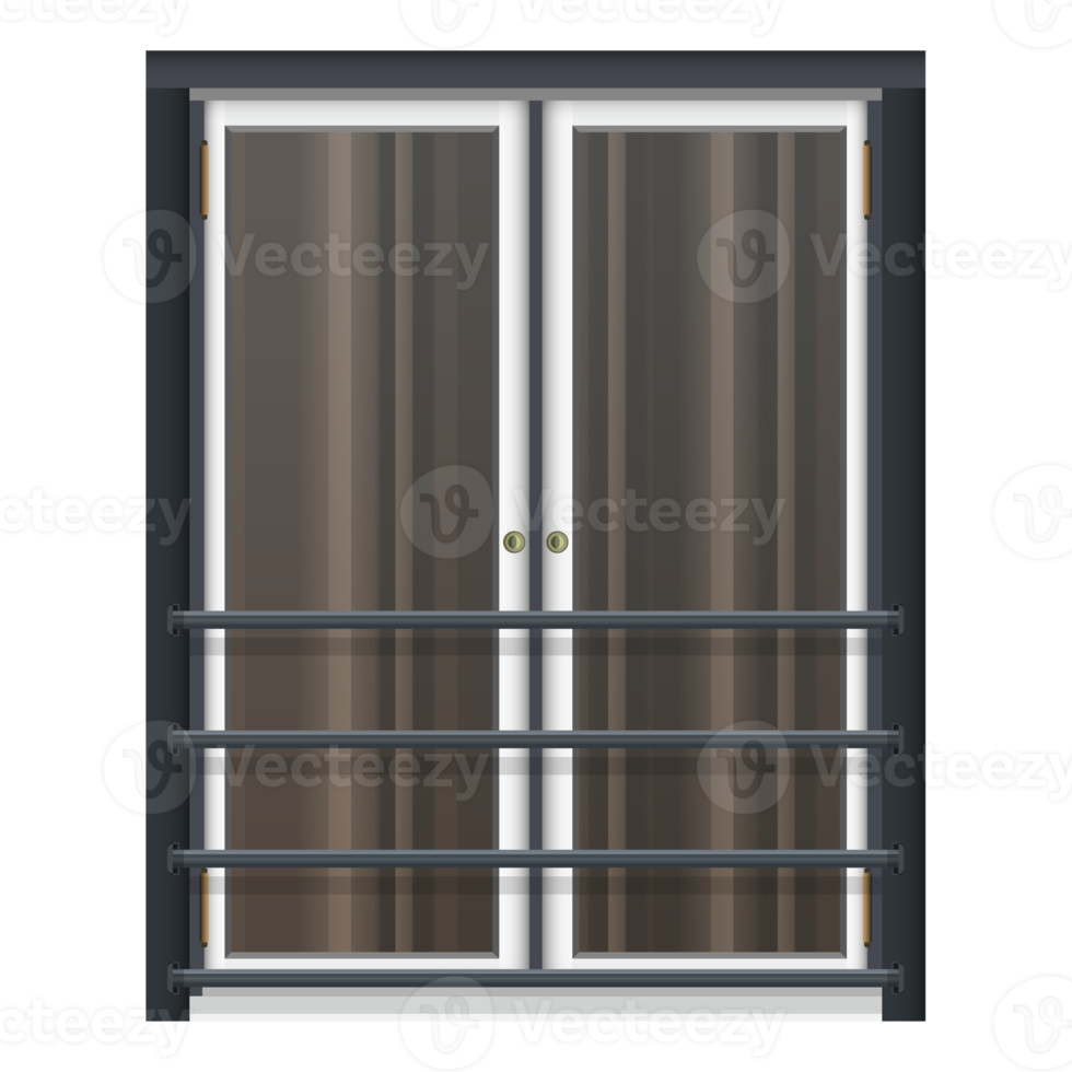 porte-fenêtre avec garde-corps en métal de style réaliste. portes blanches avec de grandes fenêtres. façade de l'immeuble. illustration png colorée.