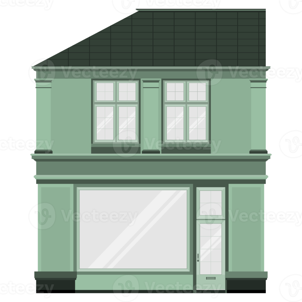 façade de magasin à deux étages vue de face avec grande fenêtre. vieux bâtiment français. architecture européenne. illustration png colorée.