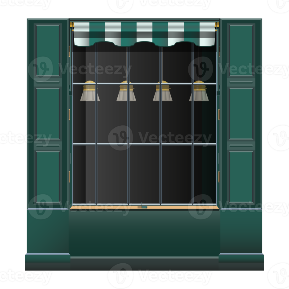 parede verde da frente da loja e grande janela em estilo realista. elementos de construção ao ar livre. ilustração colorida png. png