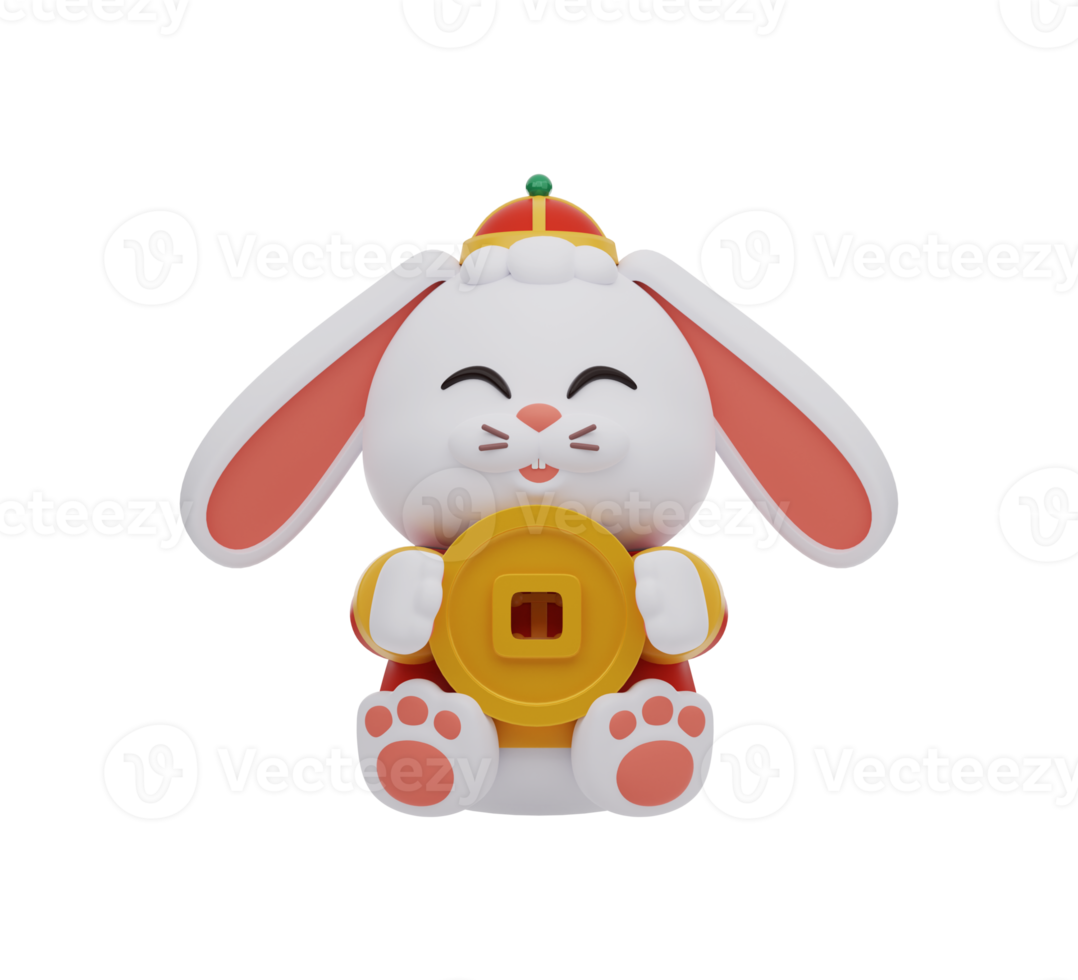 3D Cute rabbit in traditional Chinese clothing holding gold coin. Chinese new year elements icon. Text means wealthy. png