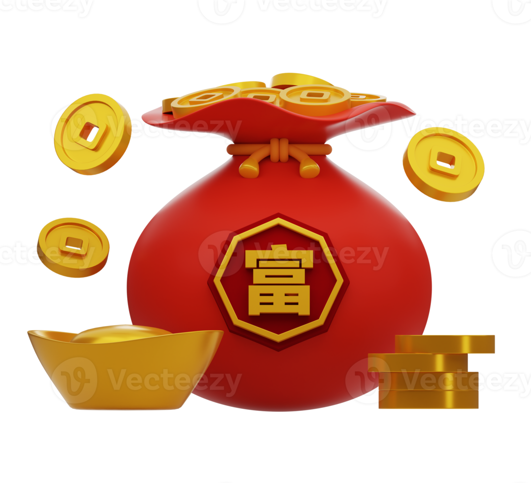 Money bag full of gold coins and gold ingot. Chinese new year elements icon. Text means wealthy. png