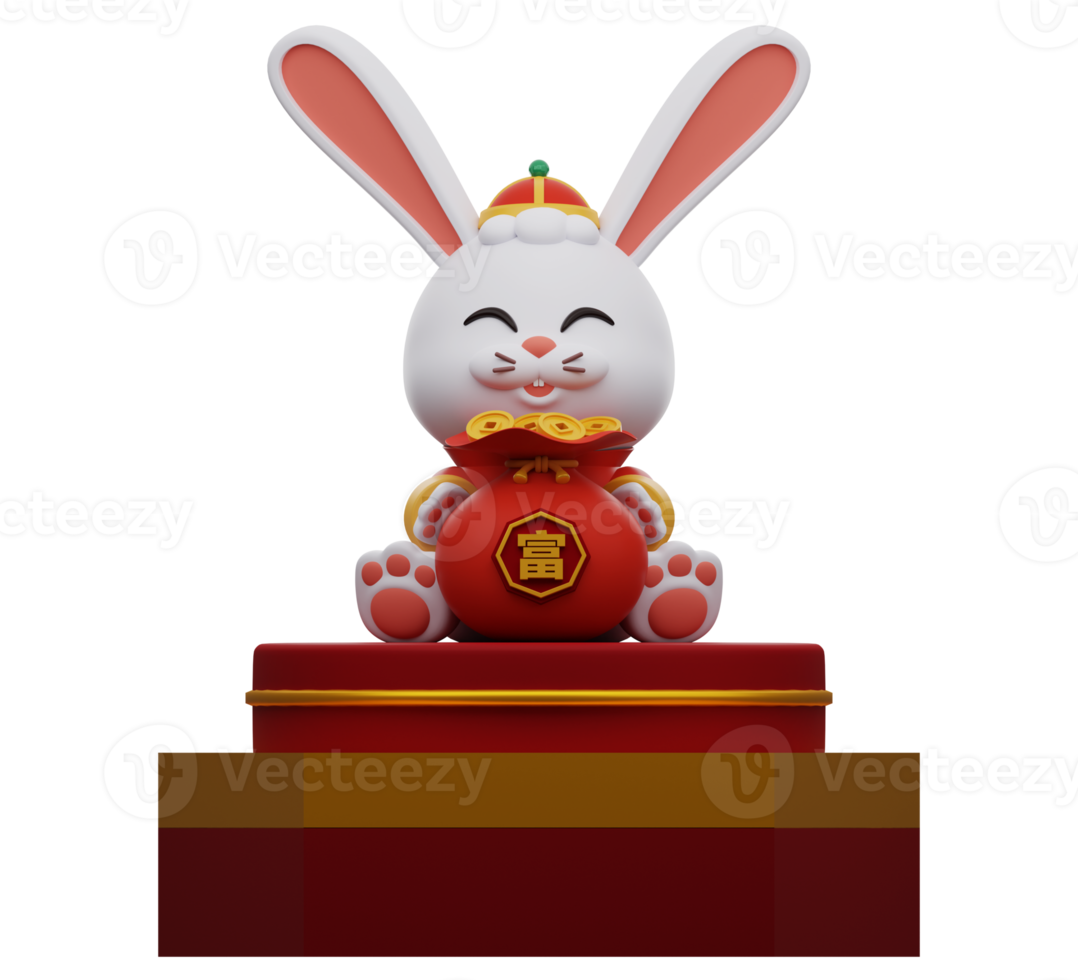 3d rendering. Cute rabbit in traditional Chinese clothing holding money bag full of money and sitting on the podium. Chinese new year elements icon. Text means wealthy. png