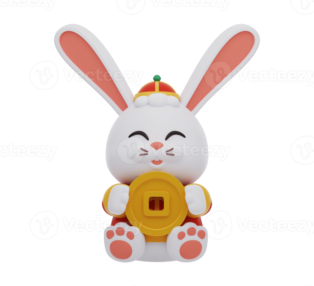 Cute rabbit in traditional Chinese clothing holding gold coin. Chinese new year elements icon. Text means wealthy. png