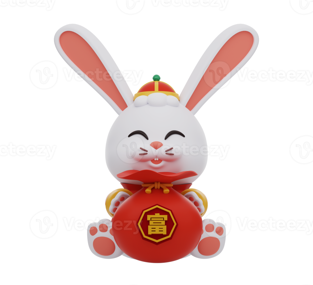 representación 3d lindo conejo con ropa tradicional china sosteniendo una bolsa de dinero. icono de elementos de año nuevo chino. el texto significa rico. png