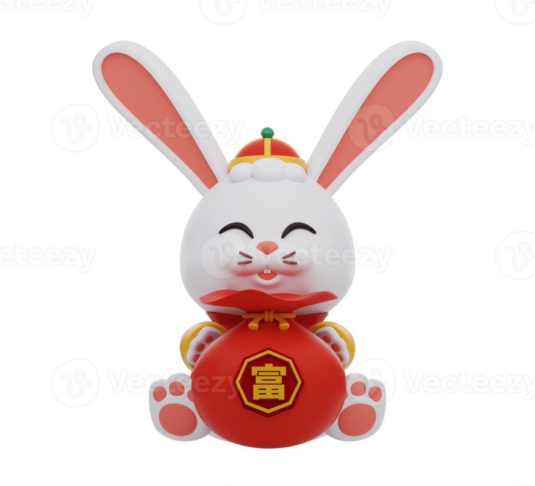 3d rendering. Cute rabbit in traditional Chinese clothing holding money bag. Chinese new year elements icon. Text means wealthy. png