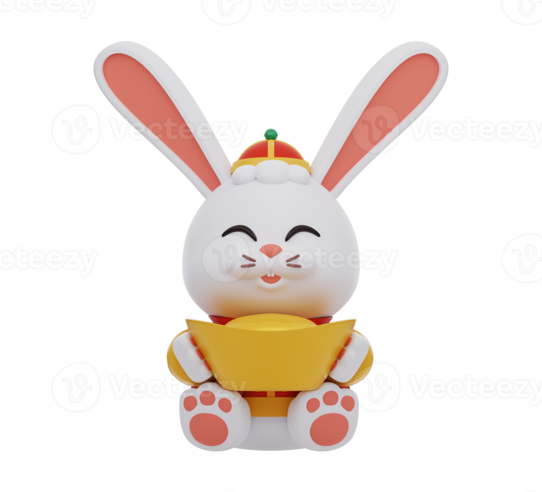 3d rendering. Cute rabbit in traditional Chinese clothing holding gold ingot. Chinese new year elements icon. Text means wealthy. png