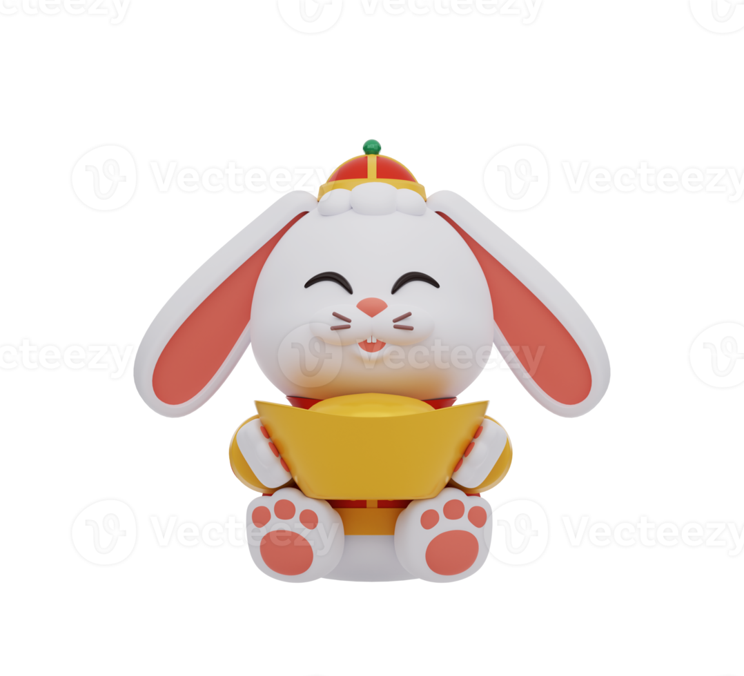 Cute rabbit in traditional Chinese clothing holding gold ingot. Chinese new year elements icon. Text means wealthy. png