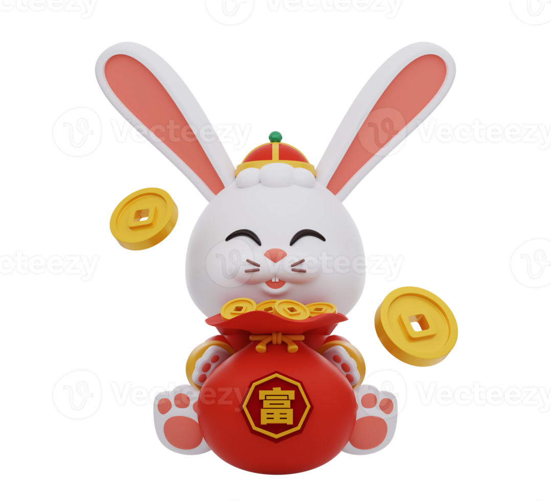 süßes kaninchen in traditioneller chinesischer kleidung, die geldbeutel voller gold hält.chinesisches neujahrselement symbol. Text bedeutet wohlhabend. png
