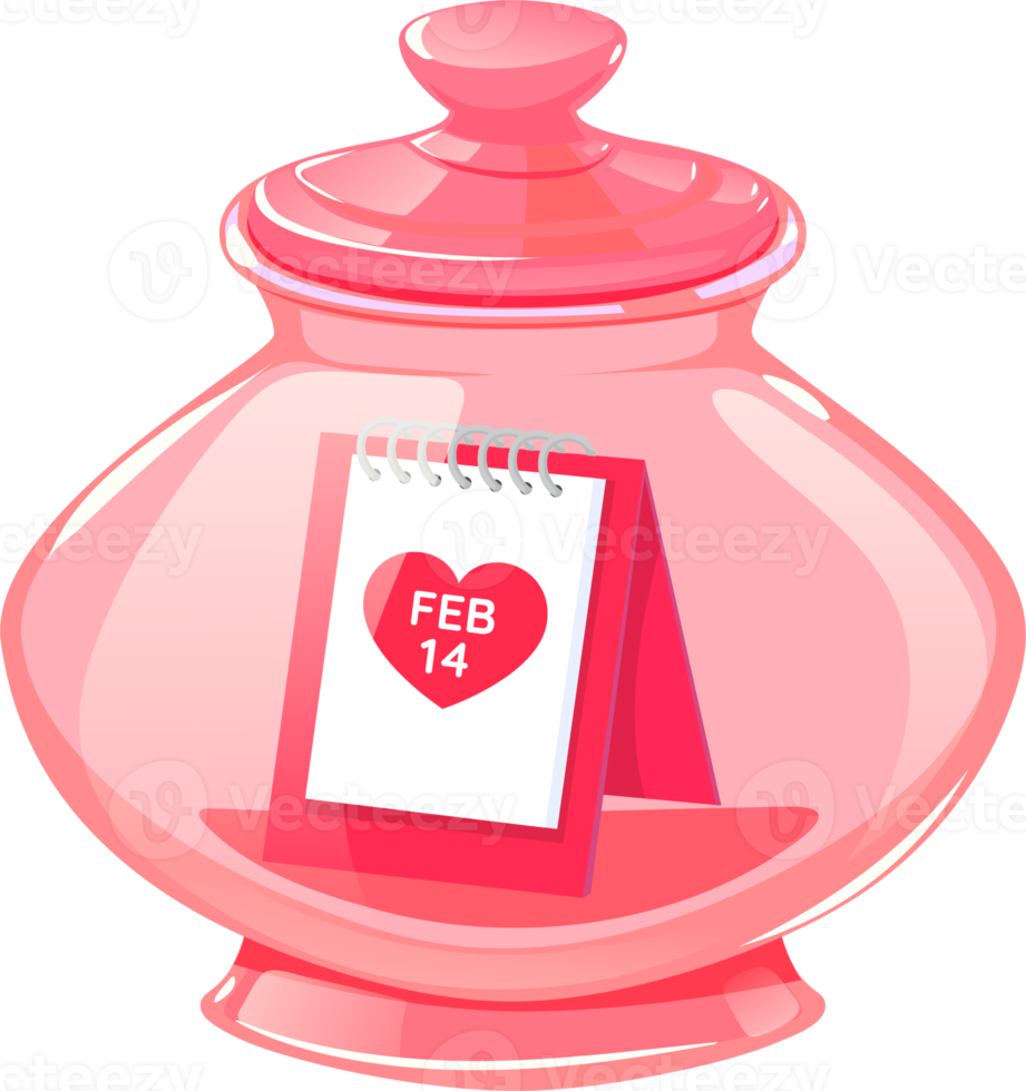 Glasgefäß mit einem Kalender für den Valentinstag am 14. Februar. png