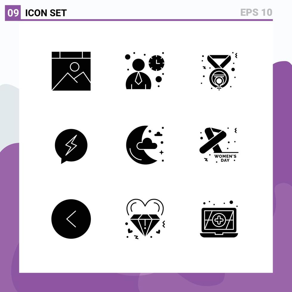 Group of 9 Solid Glyphs Signs and Symbols for moon power award chating chat Editable Vector Design Elements