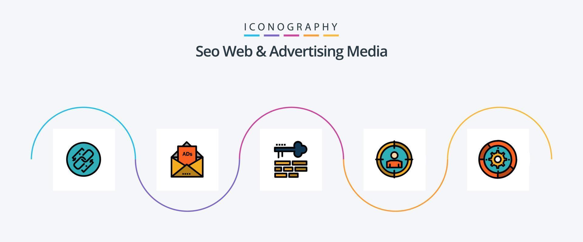 Seo Web And Advertising Media Line Filled Flat 5 Icon Pack Including . target. letter. focus. layout vector