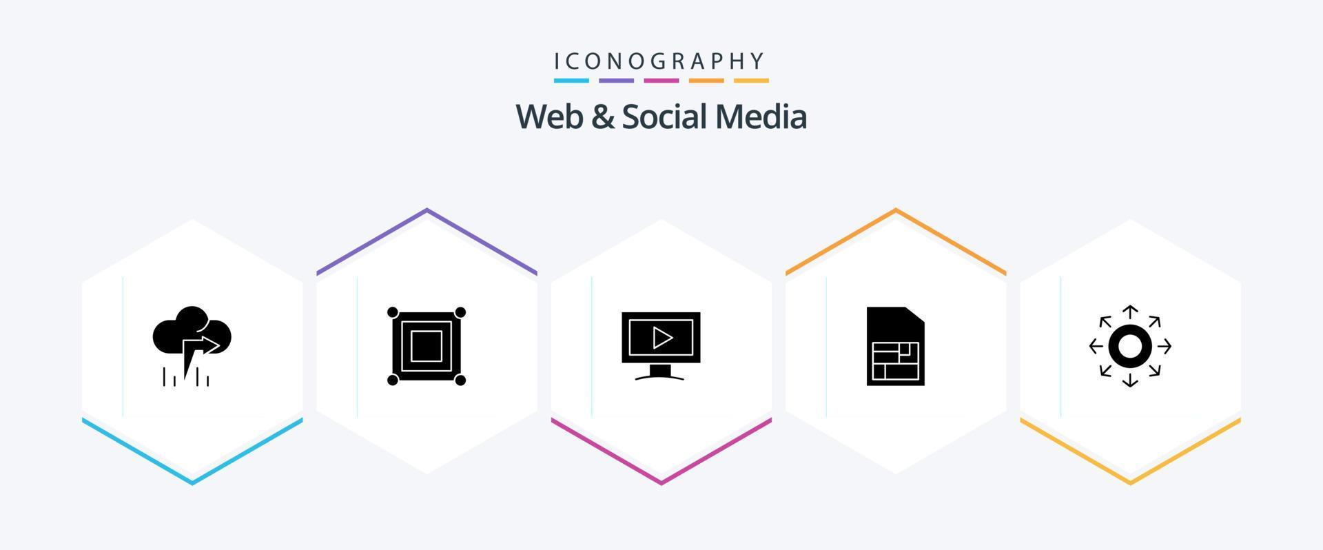 paquete de iconos de 25 glifos web y redes sociales que incluye . sim caja. sim móvil. video vector