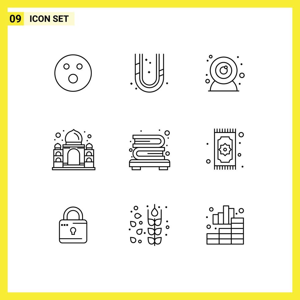 Set of 9 Modern UI Icons Symbols Signs for bookshelf bookcase camera india mahal Editable Vector Design Elements