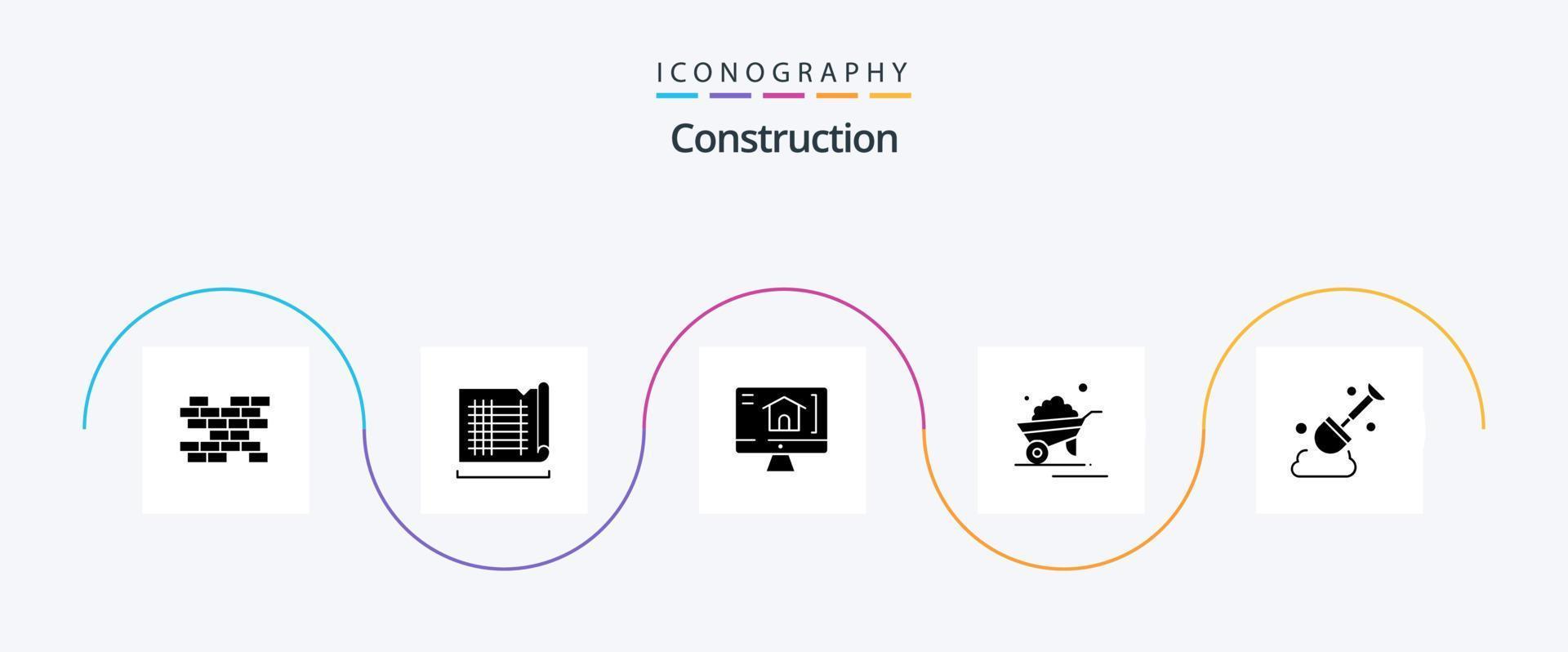 Construction Glyph 5 Icon Pack Including tool. construction. home. wheelbarrow. trolley vector