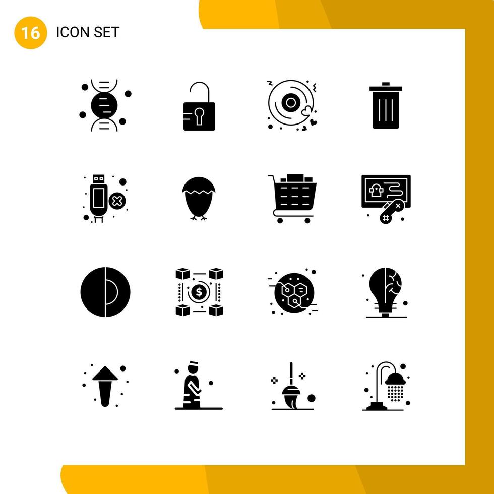 conjunto de pictogramas de 16 glifos sólidos simples de cable hdmi amor basura eliminar elementos de diseño vectorial editables vector