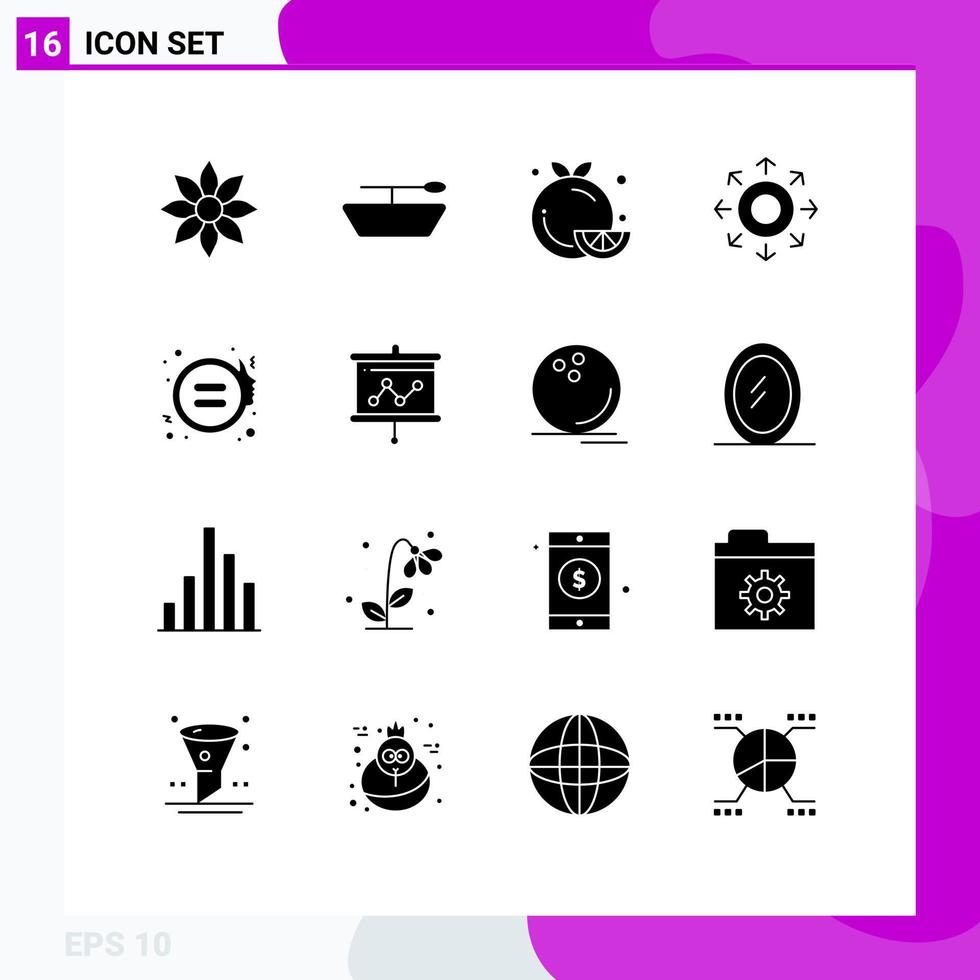 Modern Set of 16 Solid Glyphs Pictograph of gender equality fruit arrow data Editable Vector Design Elements