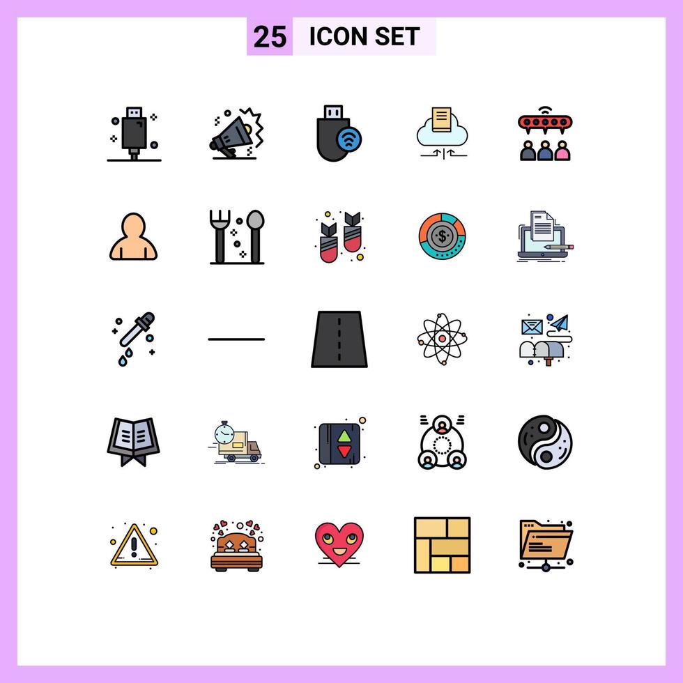 25 Filled line Flat Color concept for Websites Mobile and Apps notebook arrow speaker cloud signal Editable Vector Design Elements