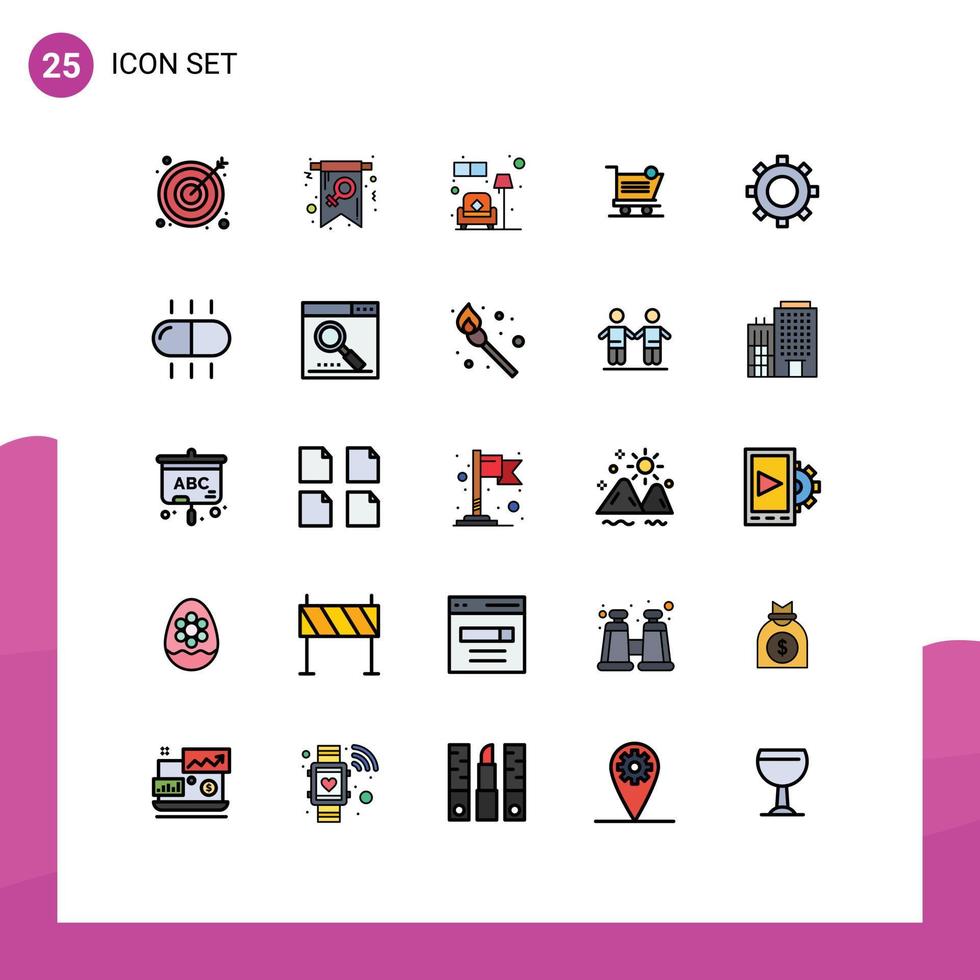 Mobile Interface Filled line Flat Color Set of 25 Pictograms of cogs item couch shipping cart Editable Vector Design Elements