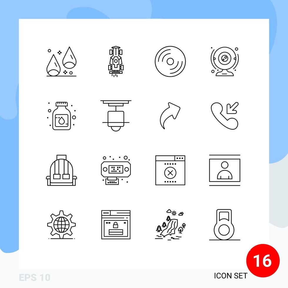 Pack of 16 Modern Outlines Signs and Symbols for Web Print Media such as computer camera speed cam laptop Editable Vector Design Elements