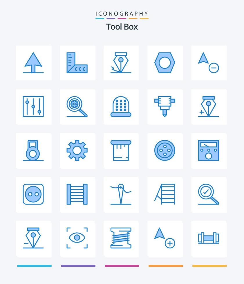 herramientas creativas 25 paquete de iconos azules como la costura. opciones tornillo. control. cursor vector