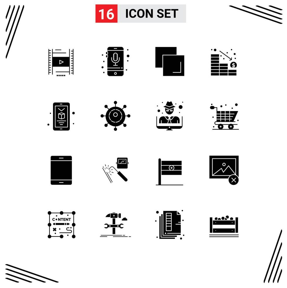 Modern Set of 16 Solid Glyphs Pictograph of printing down smartphone loss analytics Editable Vector Design Elements