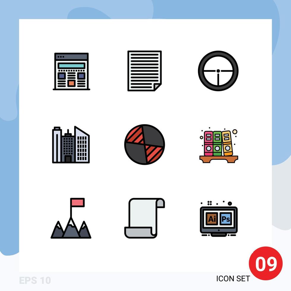 Pack of 9 creative Filledline Flat Colors of cg office army business target Editable Vector Design Elements