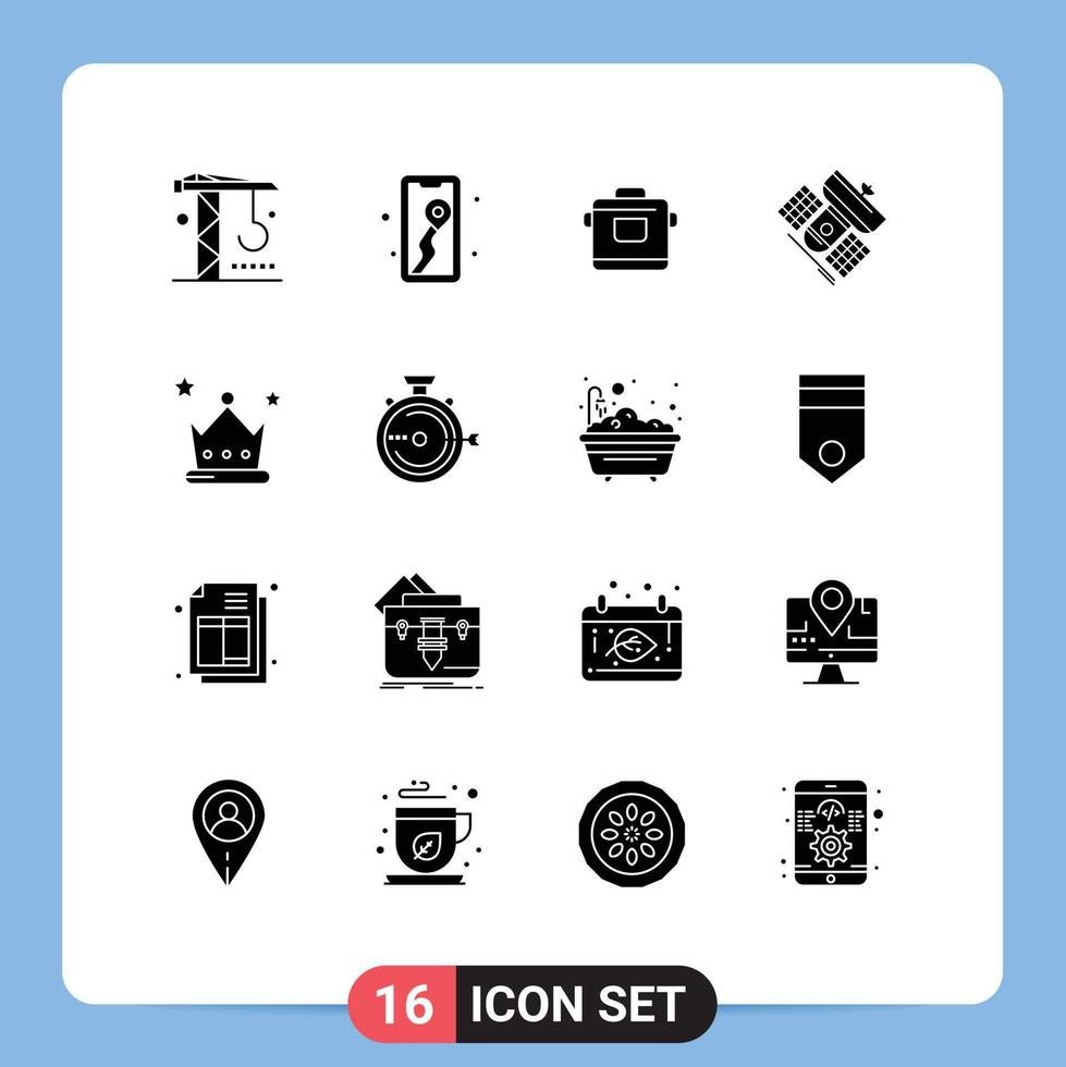 Pack of 16 creative Solid Glyphs of achievement satellite cooker communication broadcast Editable Vector Design Elements