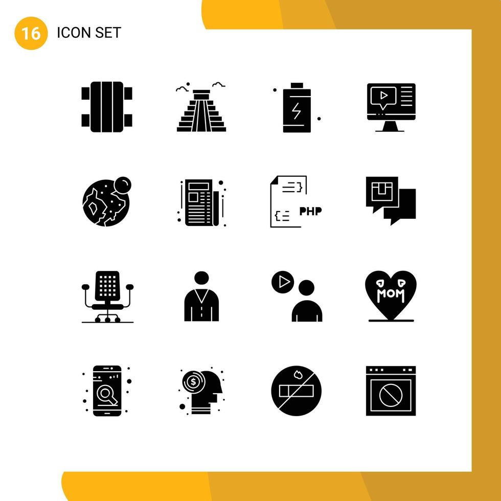16 Universal Solid Glyph Signs Symbols of earth video battery play energy Editable Vector Design Elements