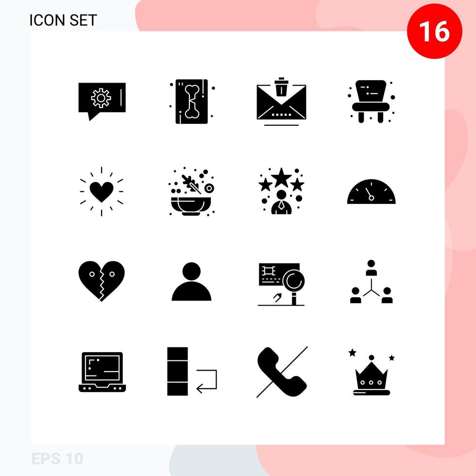 Modern Set of 16 Solid Glyphs and symbols such as cucumber love email heart chair Editable Vector Design Elements