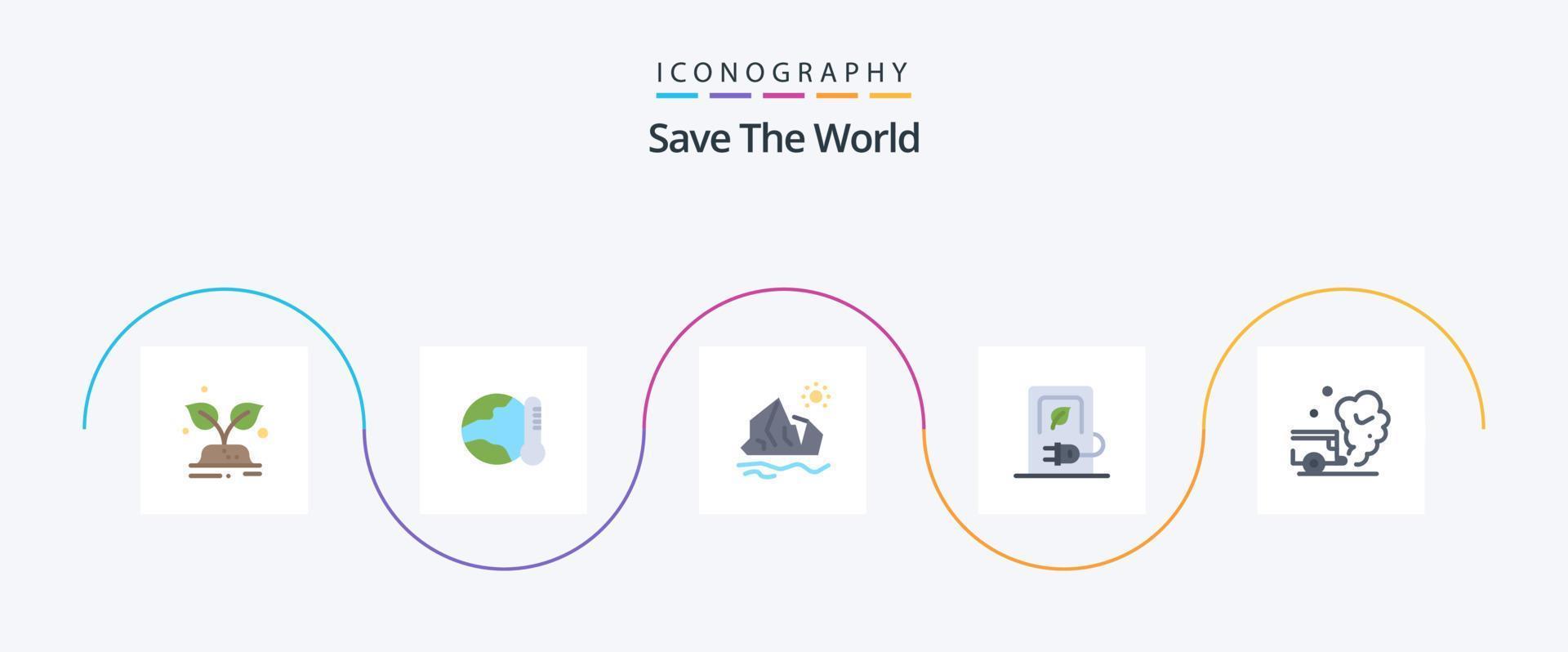 salva el paquete de iconos de 5 planos del mundo que incluye estaciones. cargando la temperatura. auto. iceberg vector