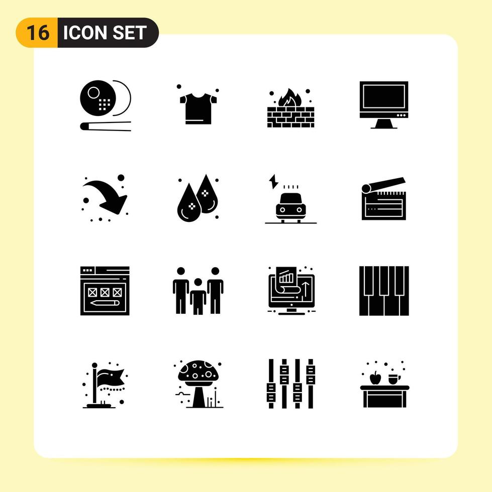 grupo de 16 signos y símbolos de glifos sólidos para compartir elementos de diseño vectorial editables del monitor imac del cortafuegos de pc vector