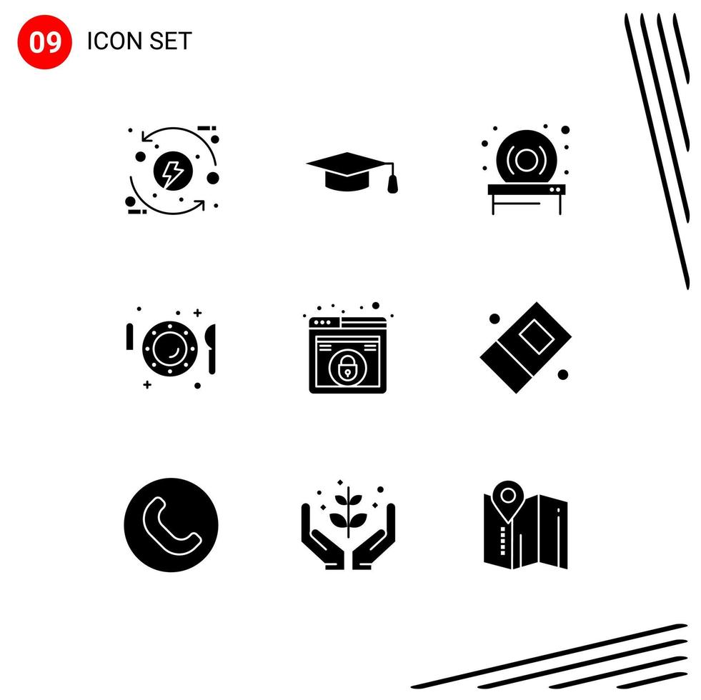 9 Solid Glyph concept for Websites Mobile and Apps lock fork disk knife plate Editable Vector Design Elements