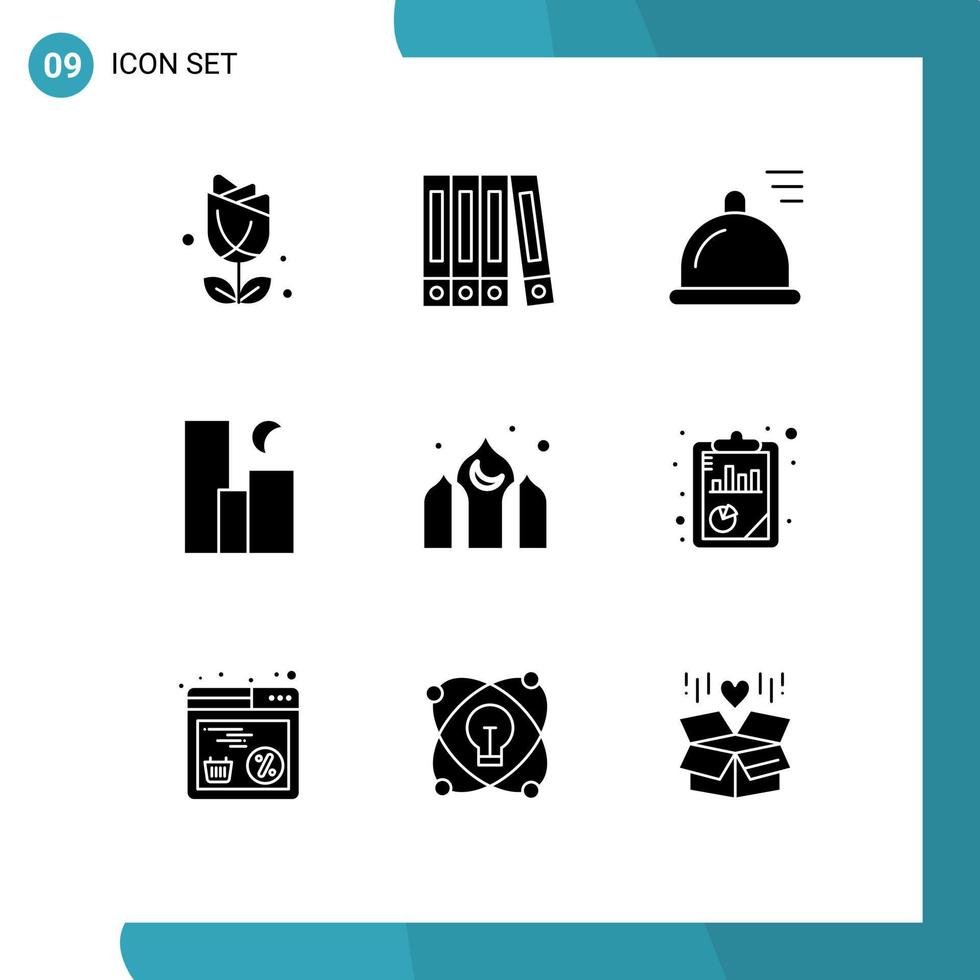 Group of 9 Solid Glyphs Signs and Symbols for kareem architecture dish skyline moon Editable Vector Design Elements