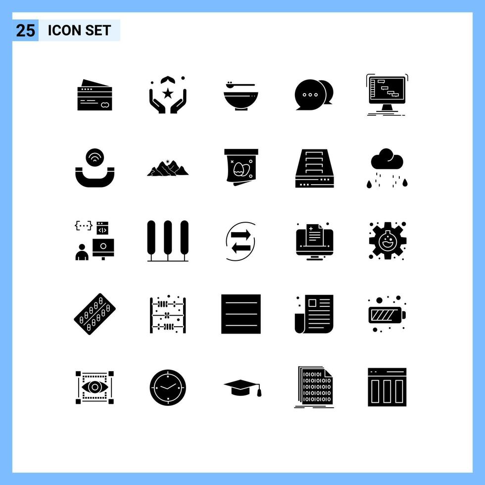 Set of 25 Vector Solid Glyphs on Grid for chat kitchen pray food islam Editable Vector Design Elements
