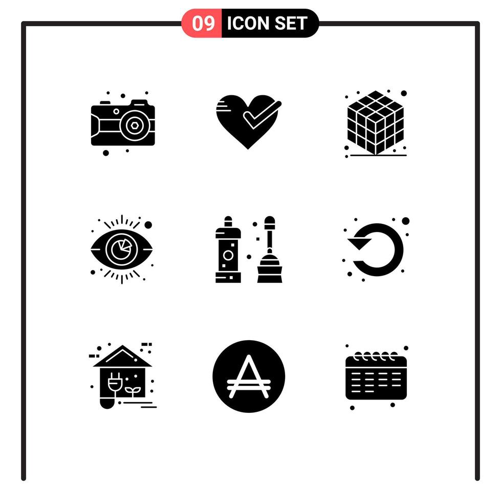 9 Universal Solid Glyphs Set for Web and Mobile Applications cleaner analytics tick visibility eye Editable Vector Design Elements
