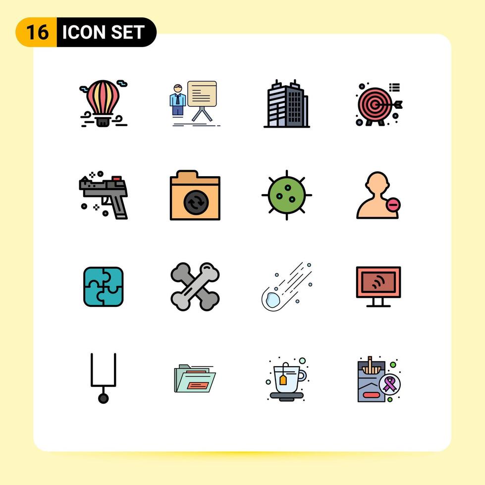 Universal Icon Symbols Group of 16 Modern Flat Color Filled Lines of firearm target graph goals real Editable Creative Vector Design Elements