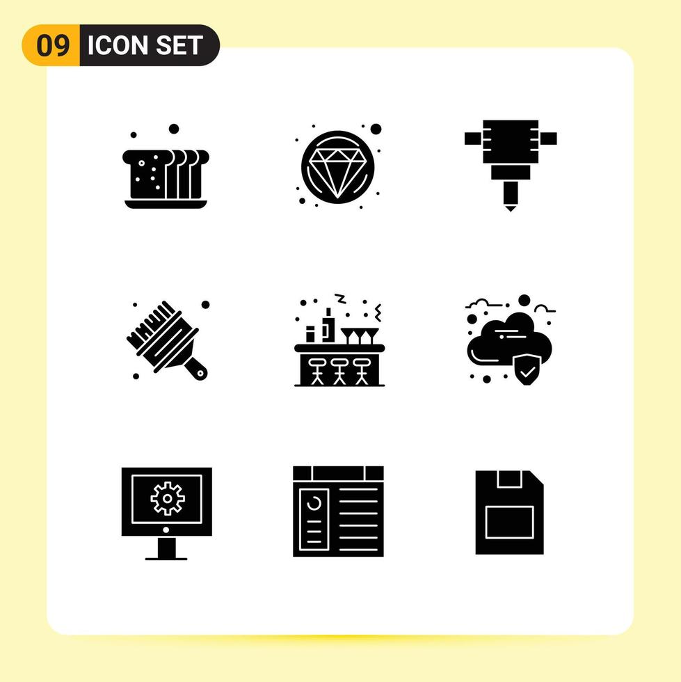 Set of 9 Modern UI Icons Symbols Signs for cloud night jackhammer celebration brush Editable Vector Design Elements