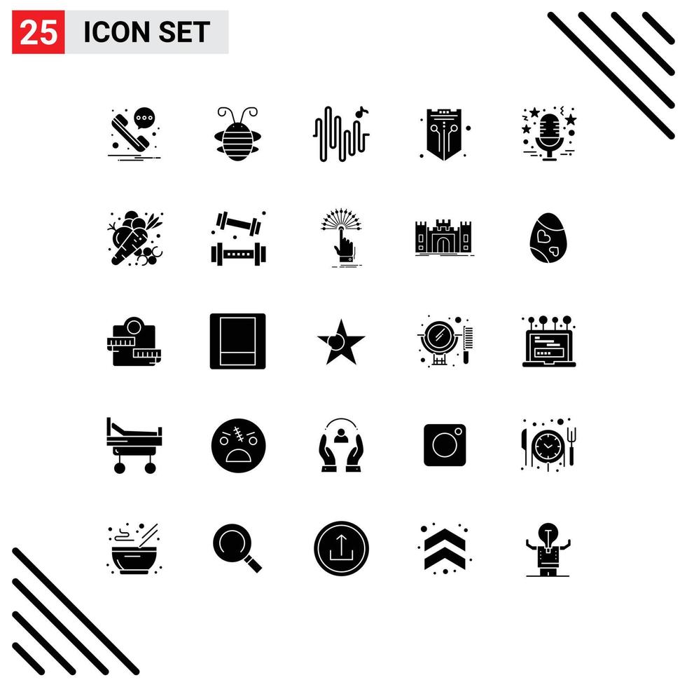 Set of 25 Commercial Solid Glyphs pack for star web music shield network Editable Vector Design Elements