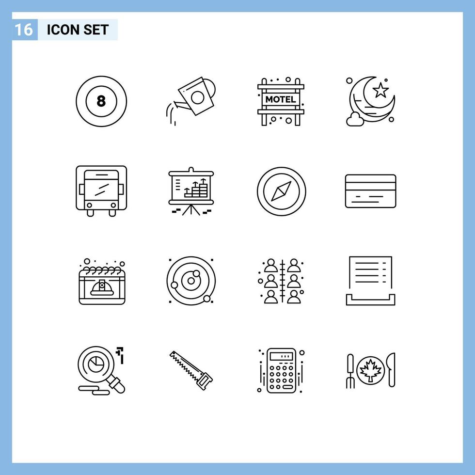 Outline Pack of 16 Universal Symbols of analysis lorry accommodation delivery new moon Editable Vector Design Elements