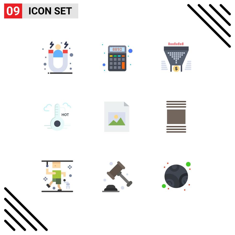 Modern Set of 9 Flat Colors Pictograph of document weather filter hot money Editable Vector Design Elements
