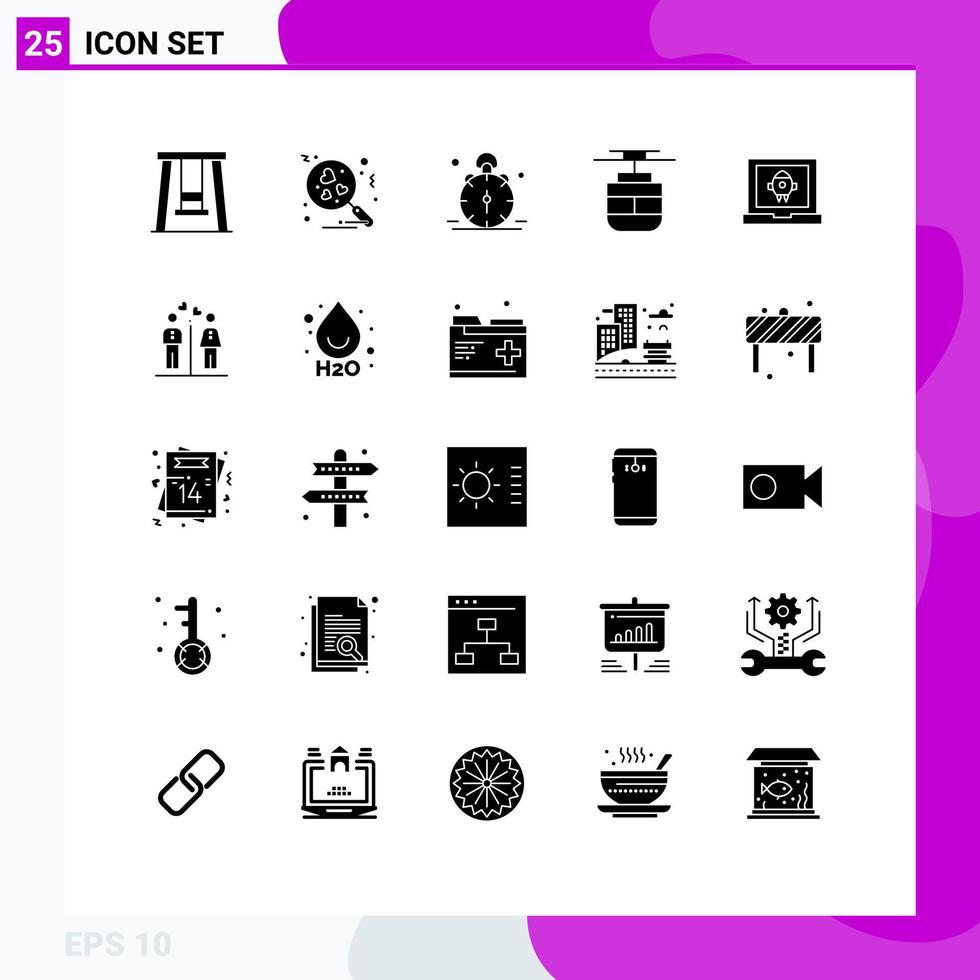 Pack of 25 Modern Solid Glyphs Signs and Symbols for Web Print Media such as launch app time vehicles transport Editable Vector Design Elements