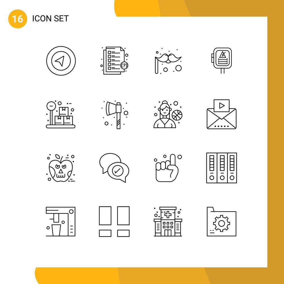 conjunto moderno de 16 contornos y símbolos como elementos de diseño de vectores editables de potencia de caja de vestuario de paquete de hacha